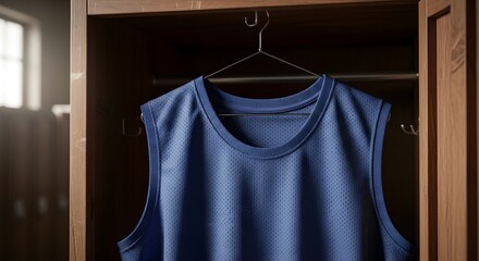 Blue basketball jersey hangs on a hanger inside a wooden locker light streams through a window