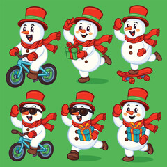 Cute Cartoon Snowman Character Mascot Illustration Collection Set