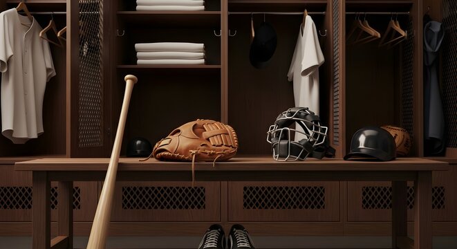 Wooden lockers containing baseball equipment mitt bat catcher's mask helmets jersey and folded towels