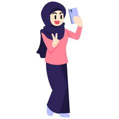 Fototapeta premium Hijabi girl in a pink outfit taking a selfie with a smartphone 