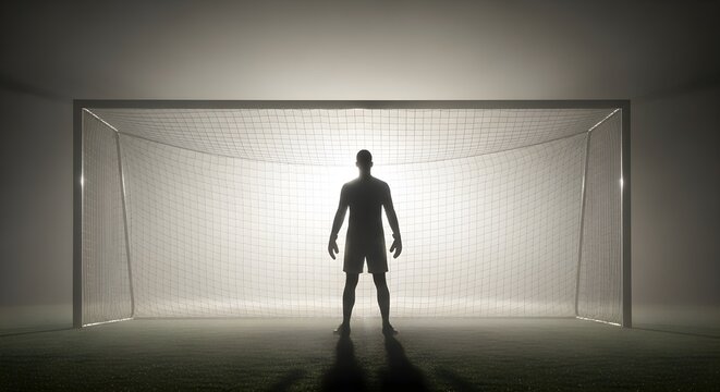 Silhouette of a goalkeeper standing in front of a soccer goal at night with atmospheric lighting