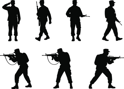 Military soldier silhouettes set, vector illustration collection of army men holding guns, saluting, walking and aiming rifles isolated on white background.