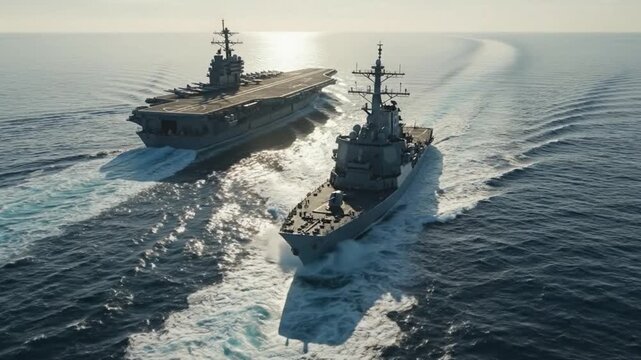 Majestic aerial view of a powerful aircraft carrier and destroyer cruising in formation on the open sea