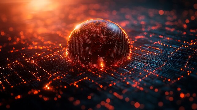 Glowing Digital Globe on Circuit Board with Orange Lights world earth