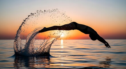 Silhouette of a person diving into the ocean creating a large water splash at sunset