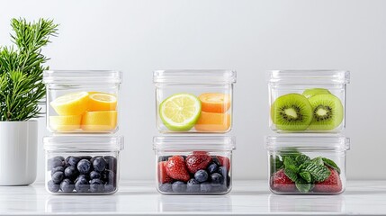 A collection of clear food storage containers filled with various fresh fruits and berries, showcasing healthy eating and organization.