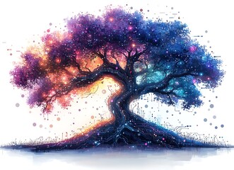 Glowing digital tree with circuit board roots and colorful bokeh lights technology
