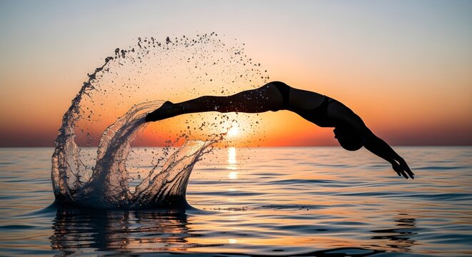 Silhouette of a person diving into the ocean creating a large water splash at sunset