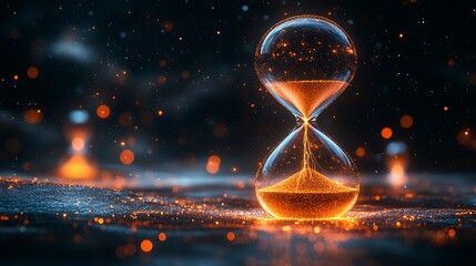 Glowing hourglass with orange sand falling against dark cosmic background time