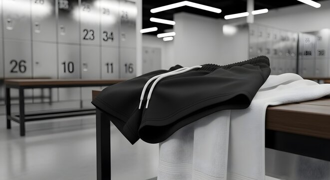 Black athletic shorts and white towel rest on a wooden bench in a gym locker room with numbered lockers