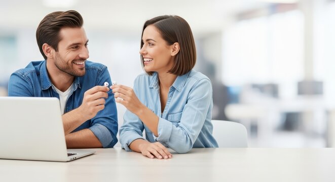 Smiling caucasian young adults sharing work at office desk