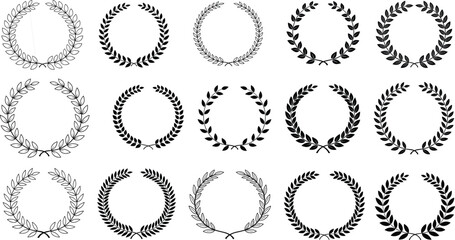 Set of laurel wreaths vector illustration, black circular leaf frames collection, vintage award emblems and heraldic borders, isolated on white background. © Md