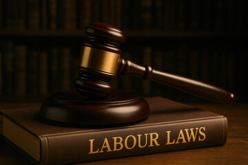 Judge gavel on labour laws book represents workplace compliance and legal justice. This solemn courtroom theme shows authority and regulation with dark library background