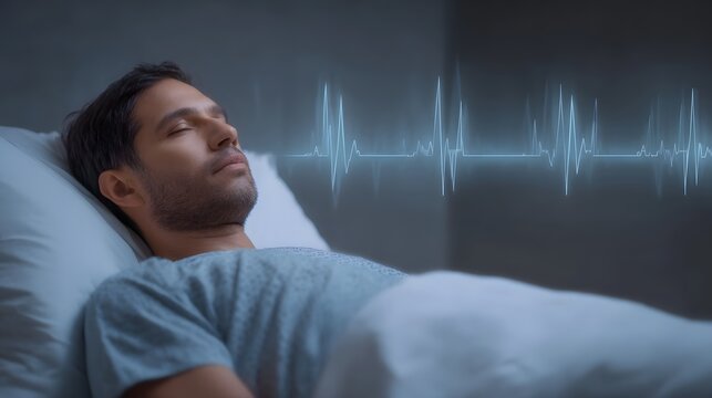 A man sleeps peacefully in bed with a glowing electrocardiogram waveform representing his vital signs visualized above him
