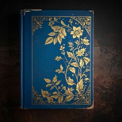 Fototapeta premium A close-up shot of a vintage book's blue cover with gold floral illustrations. The book sits on a dark wooden surface