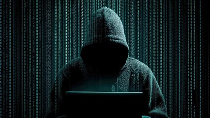 AI generated: Mysterious hooded hacker working on laptop with glowing screen against a dark digital matrix background, symbolizing cybersecurity, data privacy, and technological threats. - Powered by Adobe