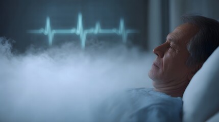 Elderly man lying in a hospital bed enveloped in atmospheric fog with a futuristic electrocardiogram display
