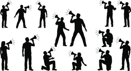 People holding megaphones silhouettes set, vector illustration of men shouting and announcing news, protest concept black figures isolated on white background.