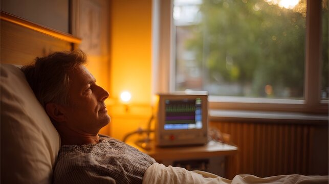Mature patient rests in hospital bed looking out window at dawn with medical monitor rain