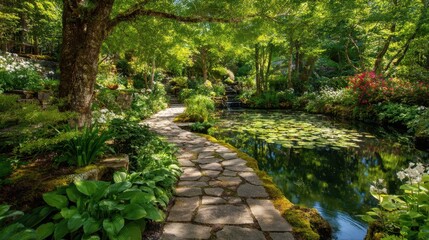 Obraz premium A peaceful stone pathway winds through a vibrant garden leading to a calm pond filled with lily pads. Lush trees and colorful flowers create a serene atmosphere ideal for relaxation.