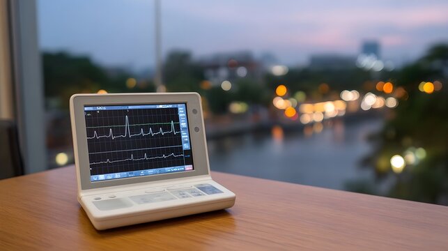 Portable ECG monitor showing heart rhythm on screen at twilight with city lights in background - Powered by Adobe