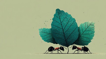 Silhouette of ant carrying leaf fragment, teamwork and diligence theme, minimal vector ideal for productivity and nature concepts.