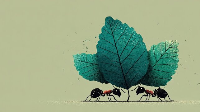 Silhouette of ant carrying leaf fragment, teamwork and diligence theme, minimal vector ideal for productivity and nature concepts.