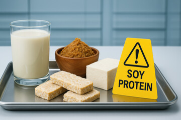 Assortment of soy protein food like tofu and milk on tray with yellow allergen warning label. serious concept for food allergy and dietary compliance awareness
