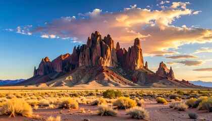 A vibrant sunset casts golden light on towering red rock formations in a vast desert landscape with scattered shrubbery