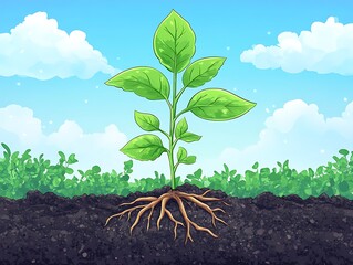 Green plant with visible roots growing in dark soil under blue sky seedling sprout