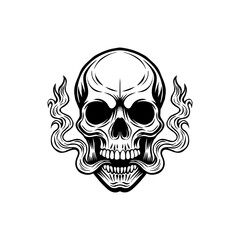 black and white skull illustration logo