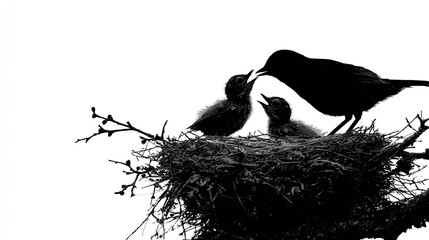 Silhouette of bird nest with chicks being fed, family and care theme, elegant vector ideal for parenting, love, or spring visuals.