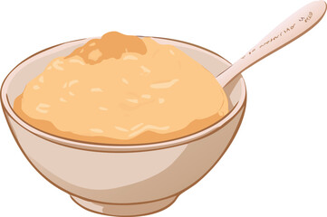 A cartoon illustration depicts a bowl of creamy orange baby food with
