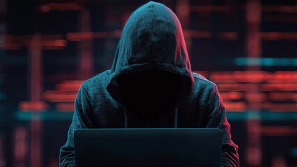 AI generated video: Anonymous hacker in hoodie typing on laptop in dark room with glowing data, cyber security threat concept, digital crime. - Powered by Adobe