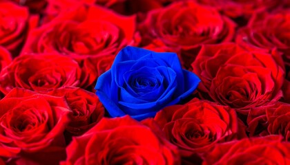 Obraz premium Striking Blue Rose Amidst a Sea of Vibrant Red Roses.