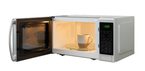 Sleek white microwave oven with its door open, a ceramic mug visible inside with a warm glow, demonstrating heating functionality, isolated on a clean transparent background