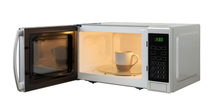 Sleek white microwave oven with its door open, a ceramic mug visible inside with a warm glow, demonstrating heating functionality, isolated on a clean transparent background