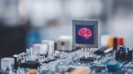 Close-up of a microchip with a brain icon, symbolizing artificial intelligence and cognitive computing in modern technology.