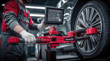 Automotive technician using advanced equipment to align wheels in modern car repair shop setting