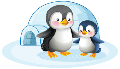 Two Cartoon Penguins Standing Together Near Igloo