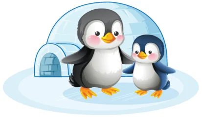 Fototapete Rund Kinder Two Cartoon Penguins Standing Together Near Igloo  © GraphicsRF
