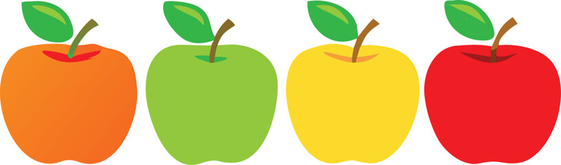 Four colorful apples in a row showcasing red green yellow and orange