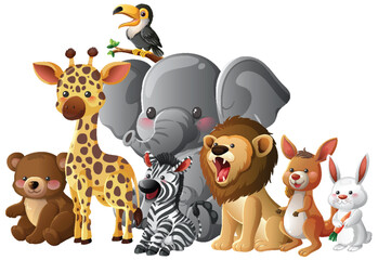 Obraz premium Group of Cartoon Jungle and Forest Animals Standing Together