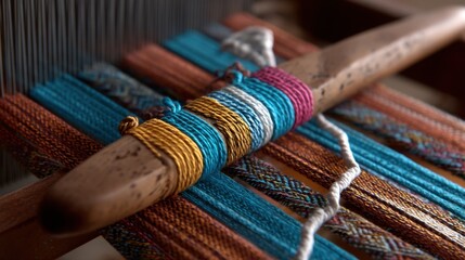 Colorful Threads on Loom with Shuttle for Textile Weaving and Yarn Crafting in Artisan Workshop Setting