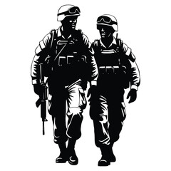 Naklejka premium Two soldiers in combat gear walking together, a powerful symbol of teamwork and strength