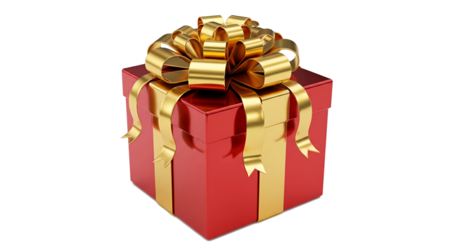 Beautifully Christmas wrapped red gift box Holiday gift with an elegant gold ribbon and bow, isolated object on a transparent PNG