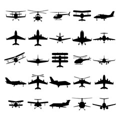 Airplane and Aviation Aircraft Icons Set of Jet, Helicopter. Silhouette Vector illustration. ideal for military, transport etc