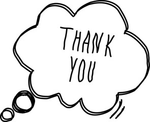 Hand-drawn comic style speech bubble with the words “THANK YOU” inside. Simple black and white doodle illustration for greeting cards, appreciation messages, and designs.

