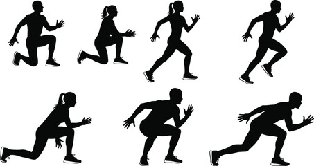Runners starting position silhouettes set, vector collection of men and women sprinting and stretching, athletic figures isolated on white background.