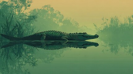 Silhouette of crocodile swimming in swamp water, minimalist vector suitable for wildlife, strength, and tropical nature themes.